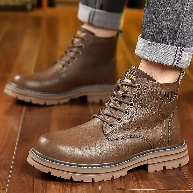 

Men's Winter New Leather High Top Snow Boots Thick Sole Non Slip Waterproof Plush Warm Lace Up Low Heel Work Boots Cotton Boots