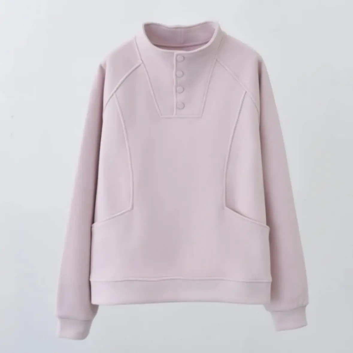 Moletom Feminino com Forro, Ajuste Solto, Gola Alta, Botões, Detalhe Coreano, Casual, Confortável e Versátil