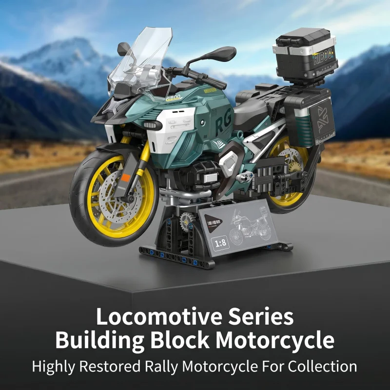 

Green adventure travel motorcycle building blocks, 1:8 scale highly realistic off-road motorcycle model, equipped with a storage