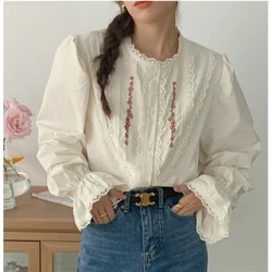 Fashion Spring Shirts for Women Clothes Embroidered Lace Y2k Top Splicing Long-sleeved Blouse Round Neck Loose Casual Cardigan