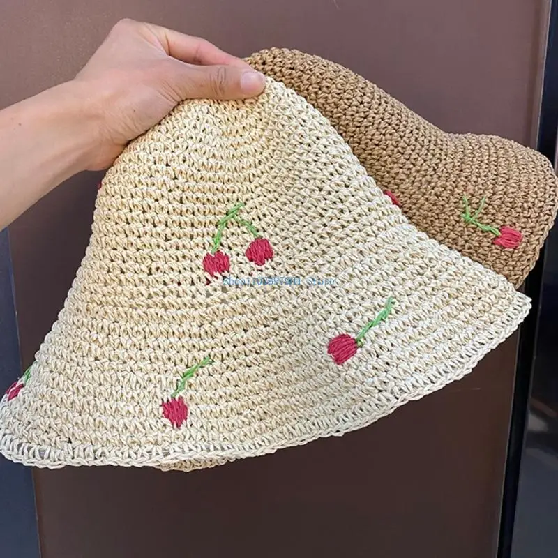 

N7YF Skin-friendly Wide Brim Spring Bucket Hat Crochet Cherry Crochet Fisherman Hats
