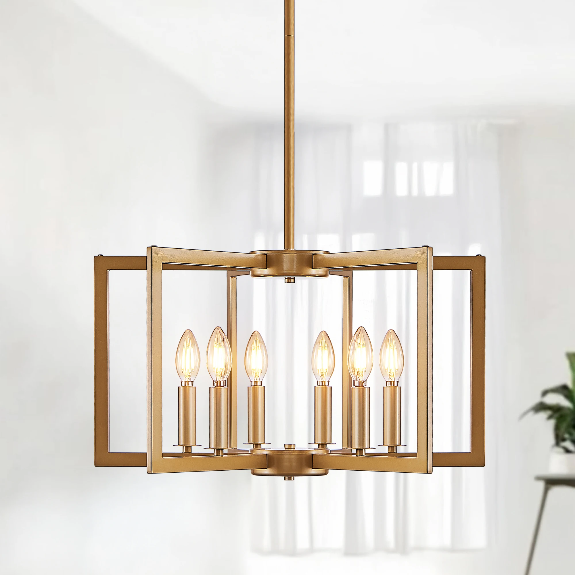 

22" Modern Golden Geometric 6-Light Chandelier, Industrial Metal Pendant Light Fixture for Living Room, Dining Room (No Bulb)