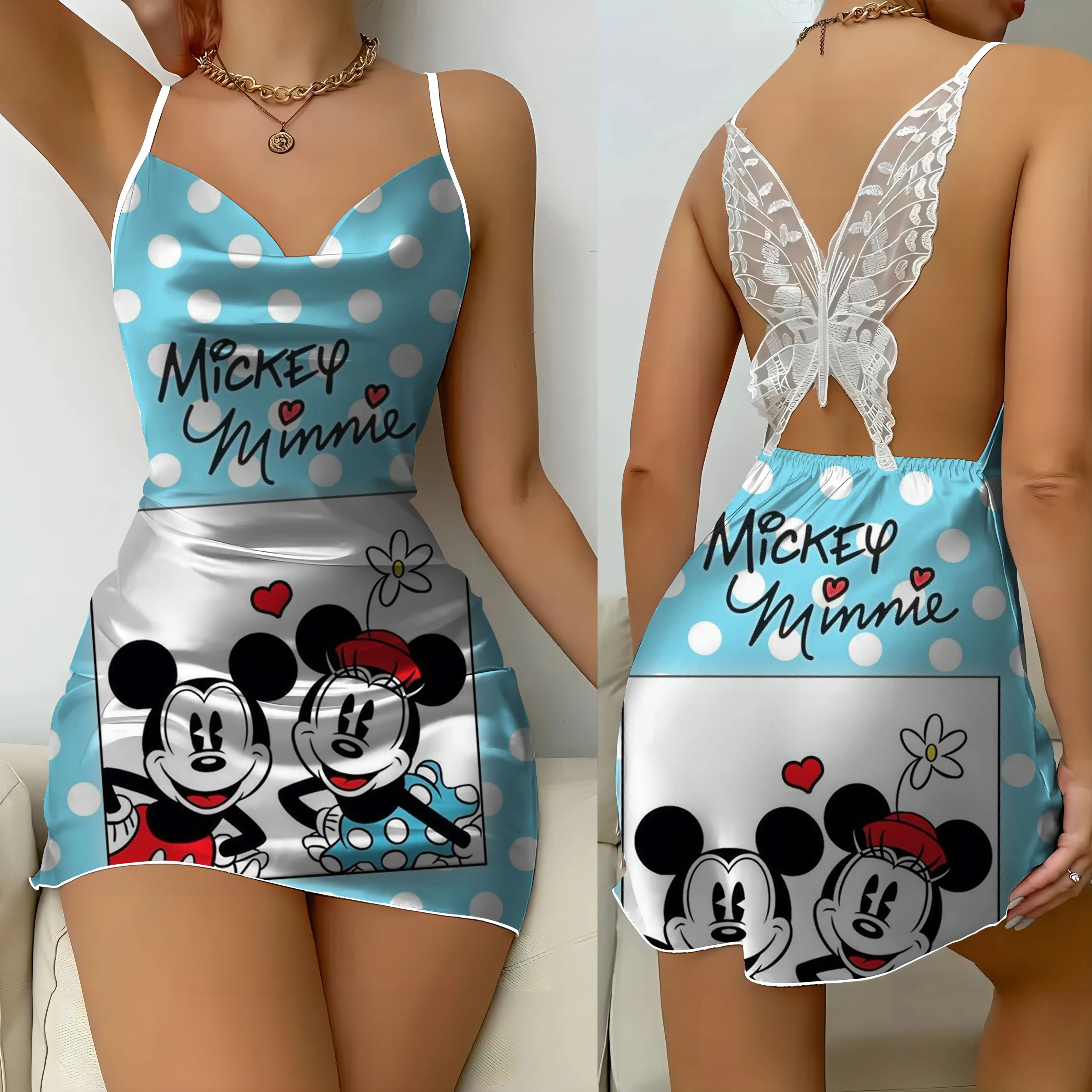 Vestido sem costas Disney Minnie Mouse feminino, saia pijama, nó arco, superfície de cetim, mini, sexy, festa, moda, verão, 2022