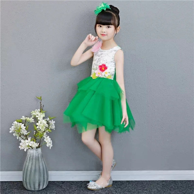 Modern Green Dance Dress for Girls Sequin Lyrical Contemporary Freestyle Grass Flower Dance Costume Girls - view 4