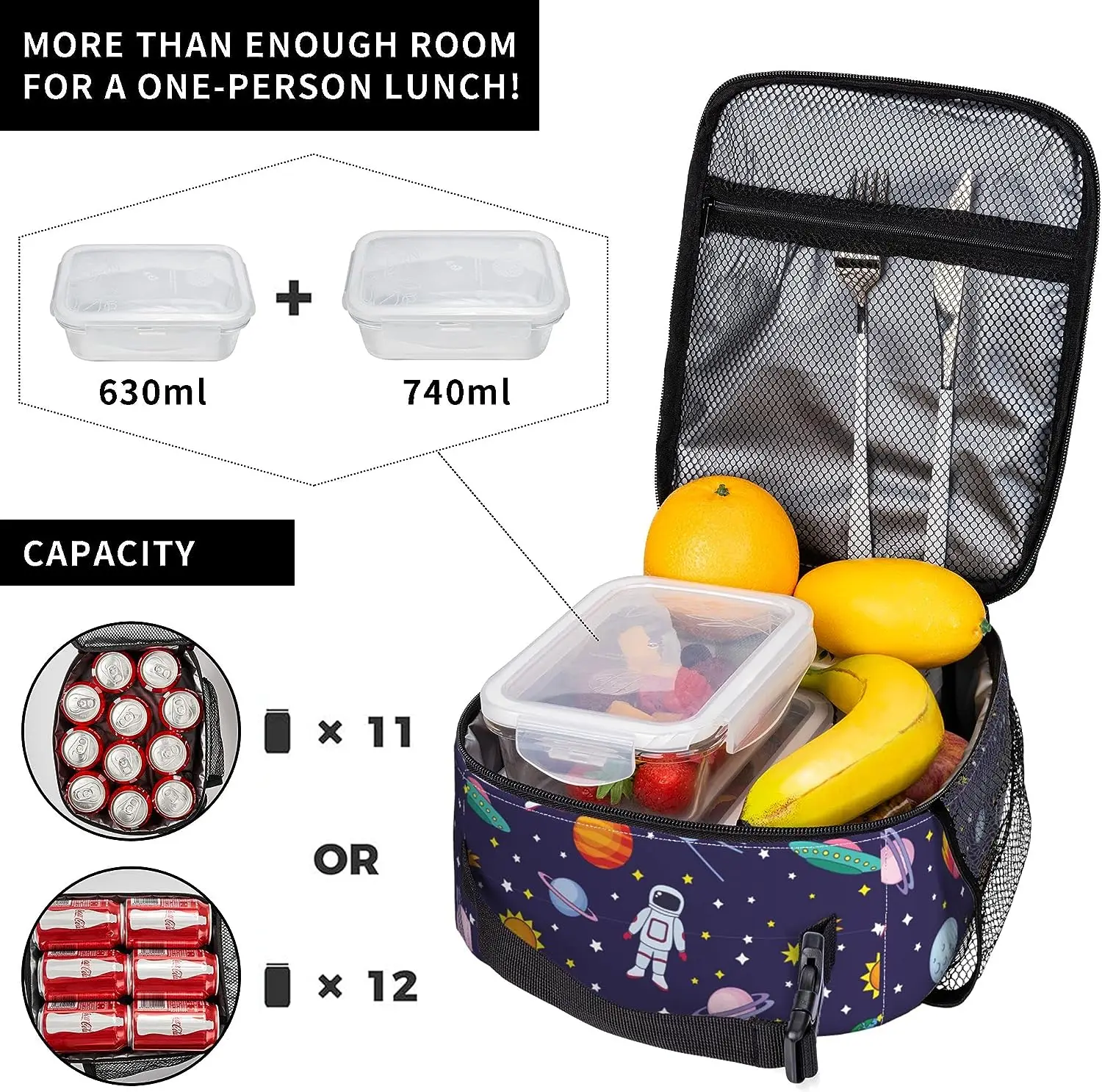 Astronauts Space Thermal Lunch Box for Boys Girls Women Insulated Bento Tote Bag Portable Reusable Lunch Bag for Picnic Beach