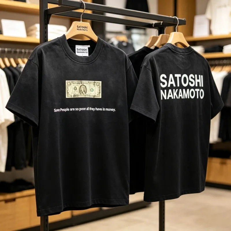 Summer White Ink Direct Spray Satoshi Tshirt Graffiti Dollar Print Letter Logo Cotton Round Neck Short Sleeve Top Tees Men Women
