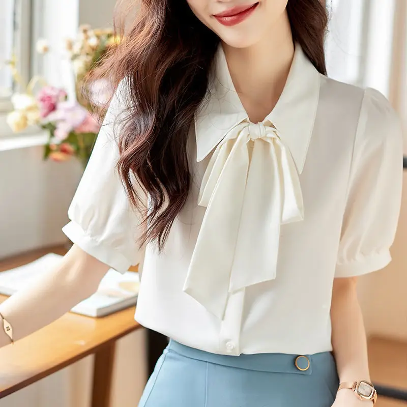 White Chiffon Bow Patchwork Blouse Summer New Short Sleeve Loose Solid Office Shirt Tops Elegant Fashion Casual Women Clothing