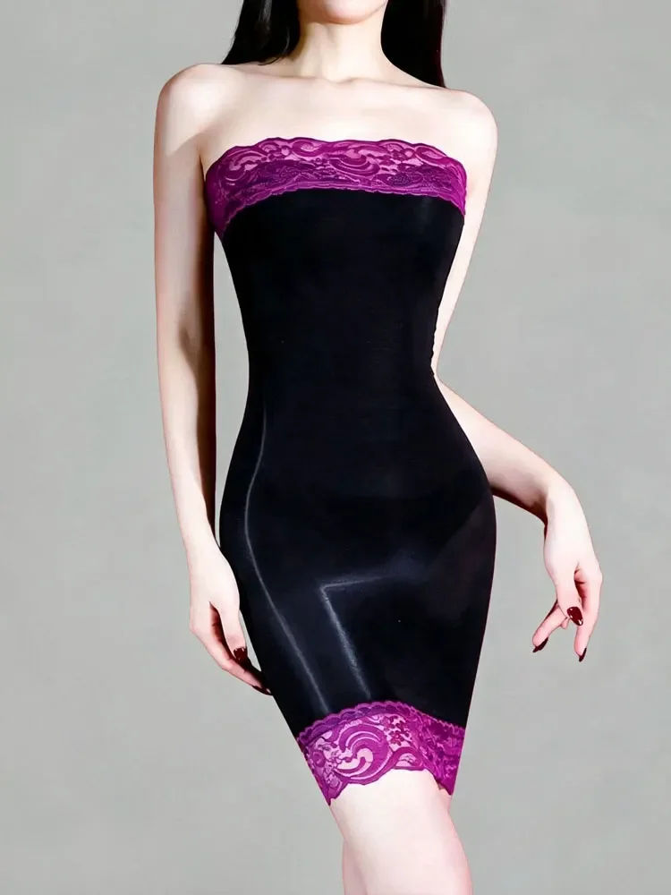 Thin Women Pencil Dresses Lace Side Patchwork Oil Shiny Glossy Sheer Wrap Hip Shaping Tube Dresses Woman Nightclub Party Miniski