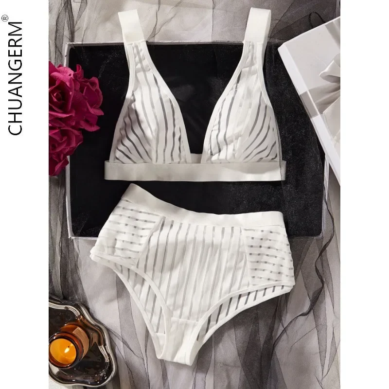 

CHUANGERM Fashion Sexy Striped Seamless Erotic Lingerie Sexy Bra and Pant Set Sexy Nighty Fancy Underwear Set for Lady Two-Piece