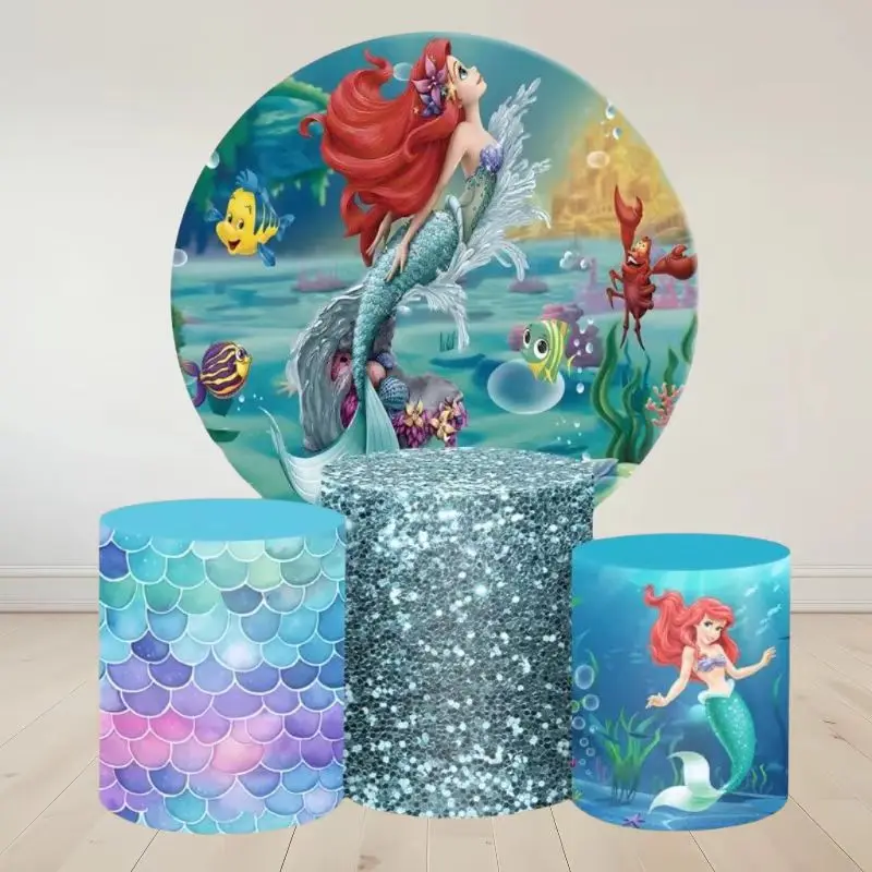 Mermaid Ariel Round Backdrop 3 Cylinder Cover 4 Piece Photo Background Photography Princess Birthday Party Dessert Table Props