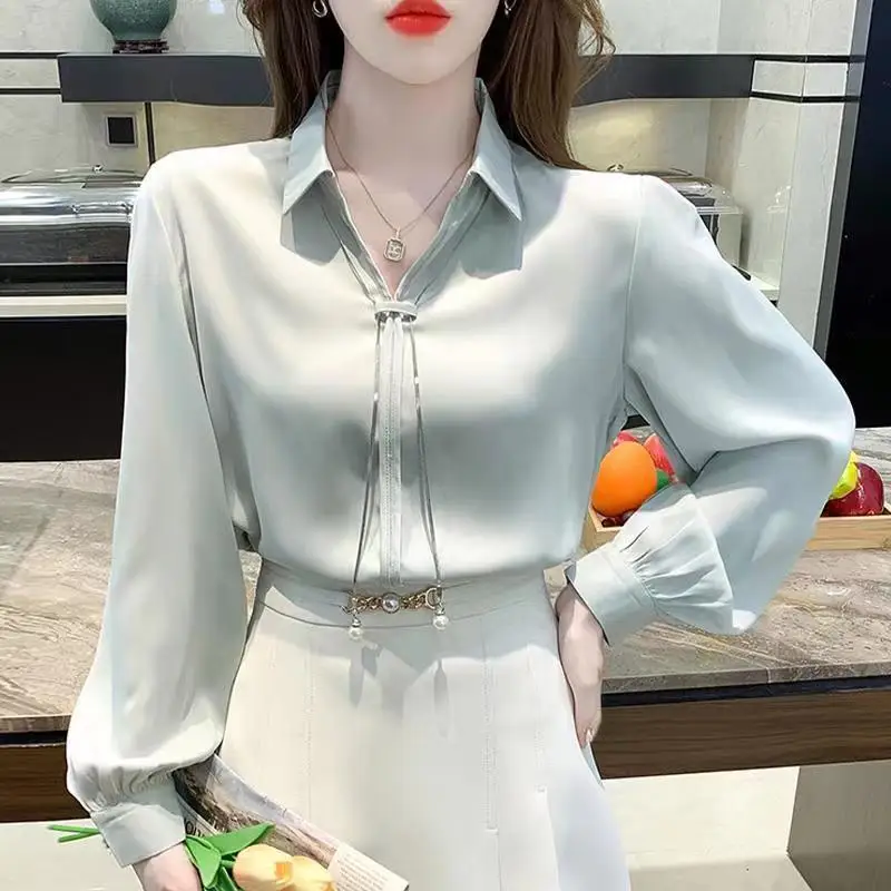 Office Lady Light Colour Unique Temperament Turn Down Collar Blouse Thin Metal Chain Decoration Lantern Sleeve Female Chiffon