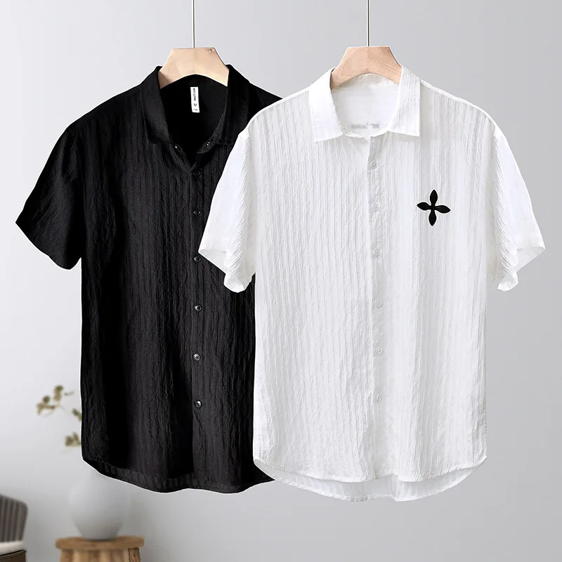 

Men's Cotton Short Sleeve Loose Shirt Turndown Collar Simple Style Plain Color Top Summer Cloth Camisas De Hombre Men's Clothing