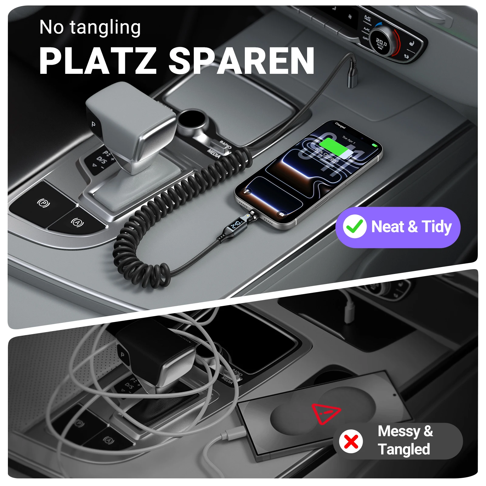 AUFU 540 °   Kabel USB-C do USB-C 240W z wyświetlaczem, szybkie ładowanie, sprężynowy kabel USB-C do USB-C do iPhone 17, Xiaomi, Macbook, iPad — zdjęcie produktu 6