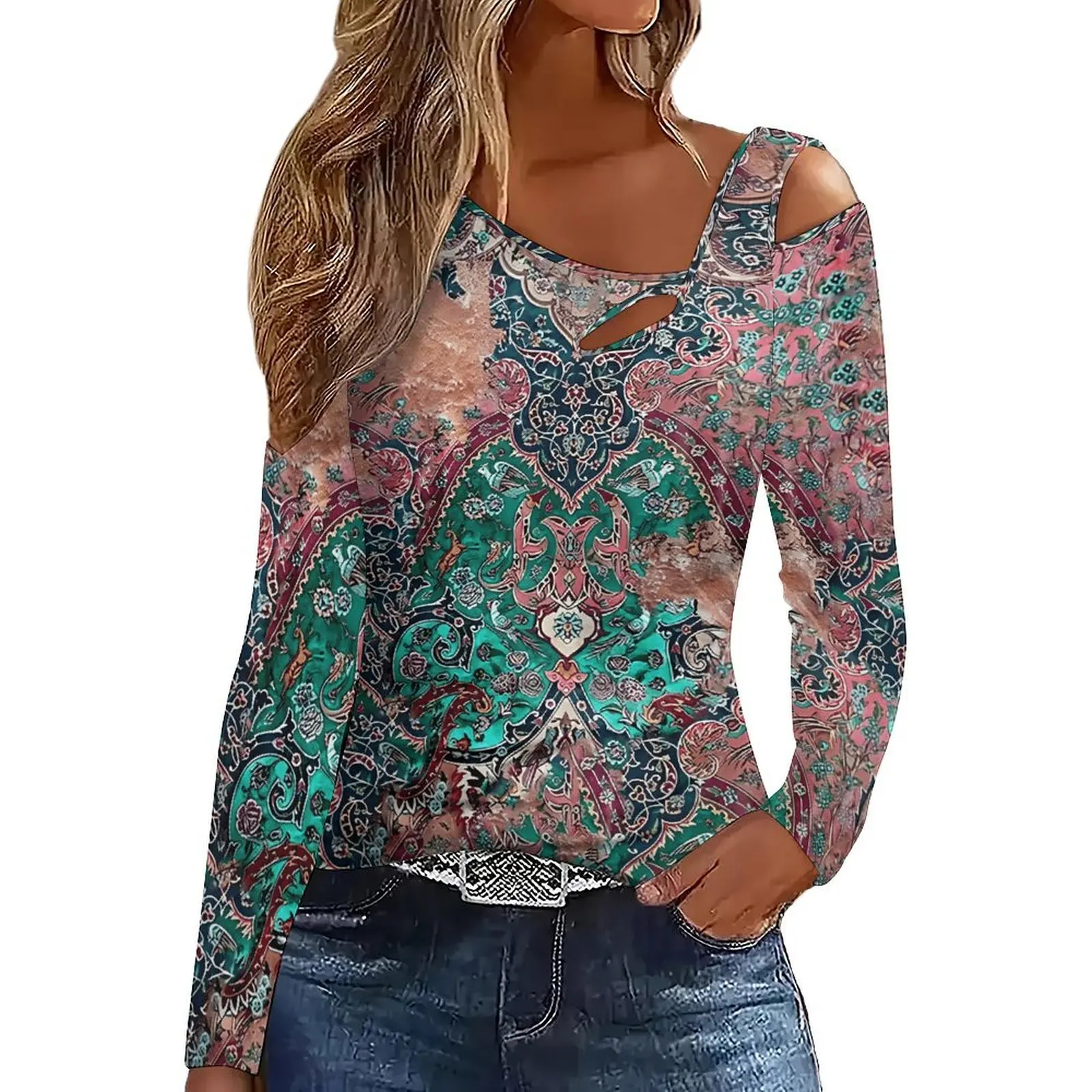 Women's  Long-Sleeved Slanted ShoulderElegant Directional Off-Shoulder Printed T-Shirt  Fashion Clothes
