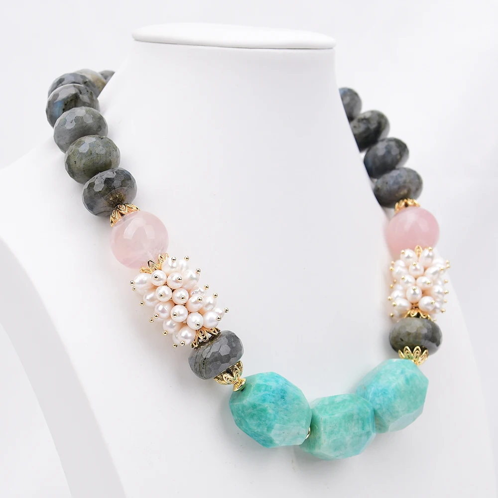 G-G Big Natural Labradorite Stone White Pearl Rose Quartz Green Amazonite Chokers Necklace 18.5''