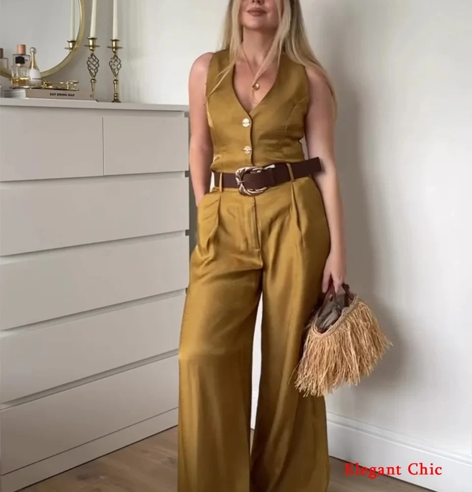 

KONDALA винтажный шикарный комплект жилета, женский однобортный жилет с v-образным вырезом и поясом, широкие брюки, весна-лето 2024, комплект для отдыха на улице