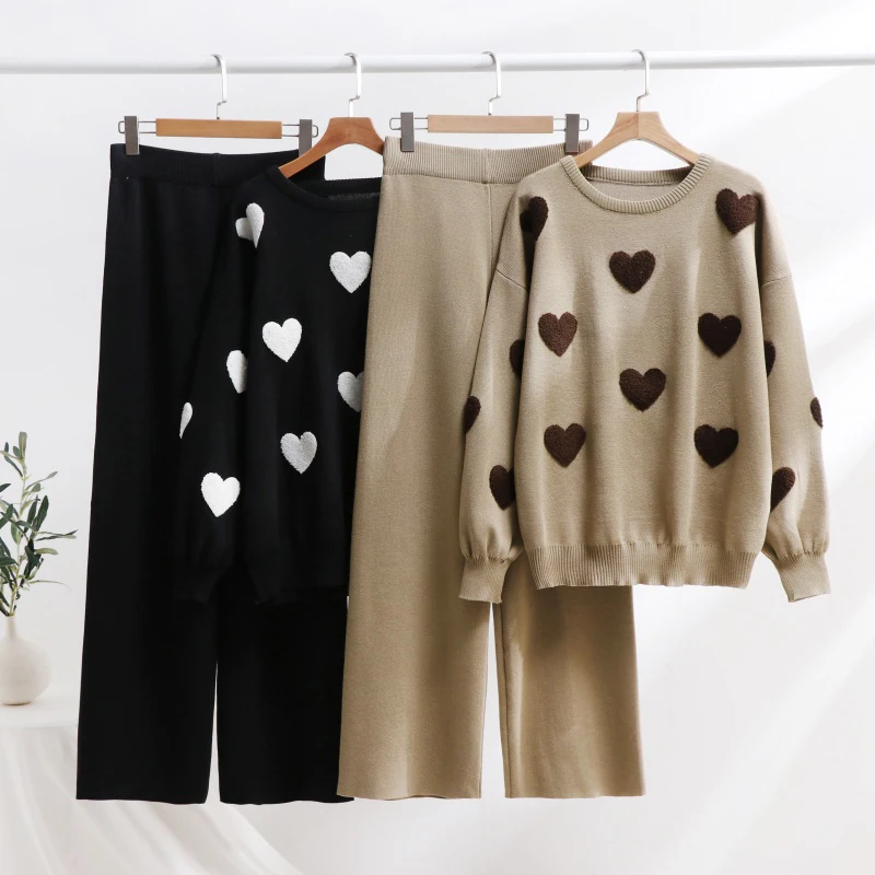 Elegant 2 Piece Knit Pants Set Women Love Heart Knitted Sweatshirt Matching Sets Casual Knitted Two Piece Sets Women Winter 2024