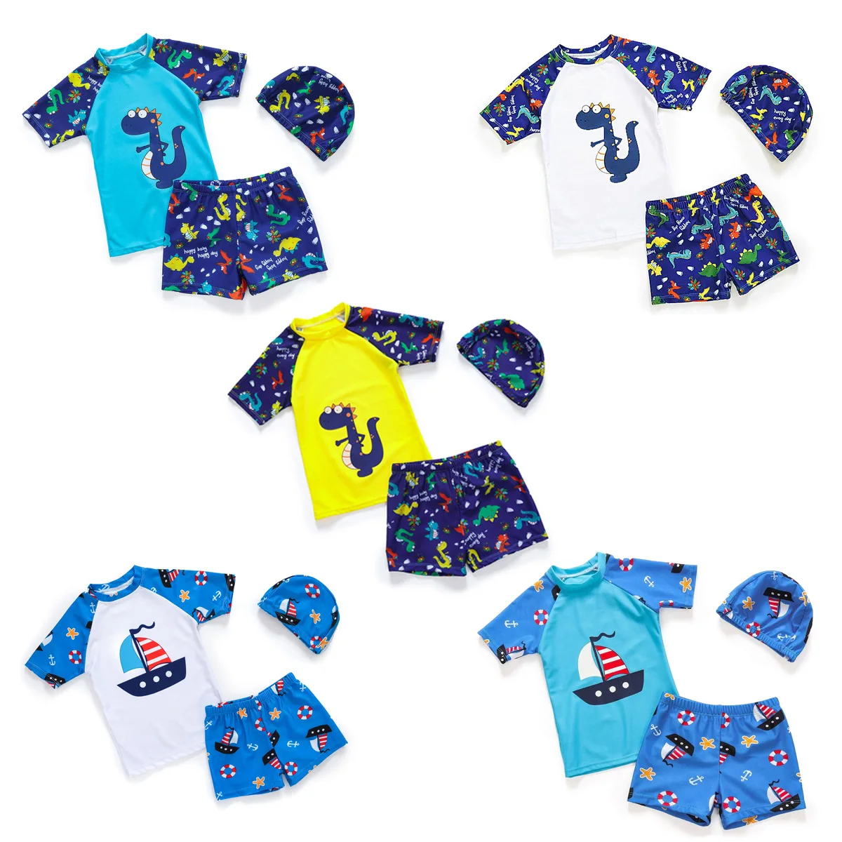 Happyflute New  Children's Swimwear Boys' Swimsuit Short Sleeve Split Design Boys' Big Size Quick Drying Swimsuit