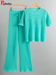 Conjuntos de punto calados finos para mujer, camisetas de manga corta con cuello redondo, Tops coreanos, pantalones de pierna ancha de cintura alta, Conjuntos de verano