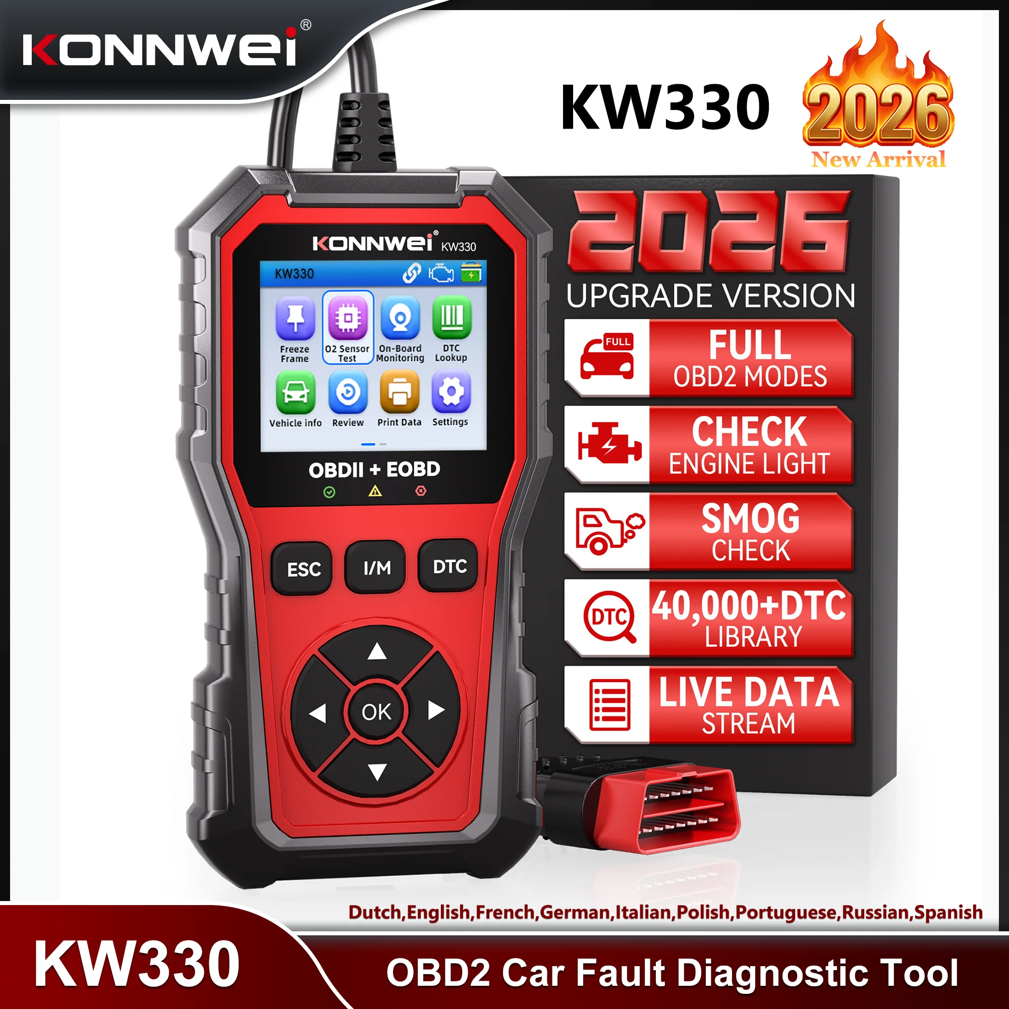 2026 KONNWEI KW330 OBD2 Scanner Car Diagnostic Tool Read Clear Engine Fault Code Battery Voltage Test Live Data OBDII Code Reade