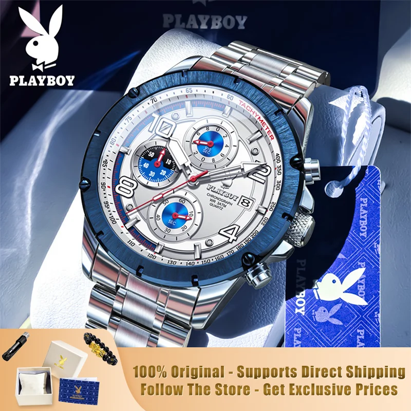 

PLAYBOY 3509 Brand original authentic watches for man luxury Gift Box Steel band multifunctional quartz men's watch