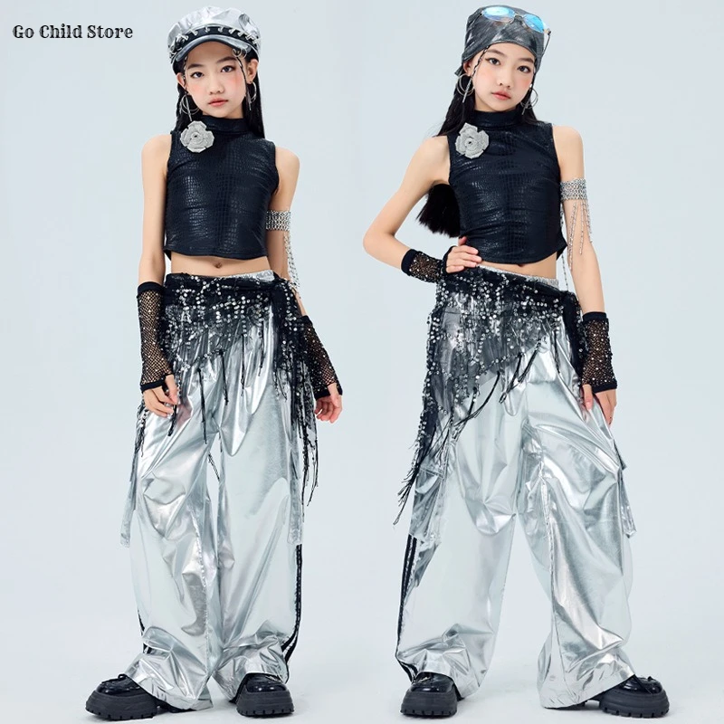 Girls Hip Hop Crop Top Shiny Silver Sequin Cargo Pants Dance Kids K-pop Streetwear Children Jazz Girl Group Costume Clothes Set