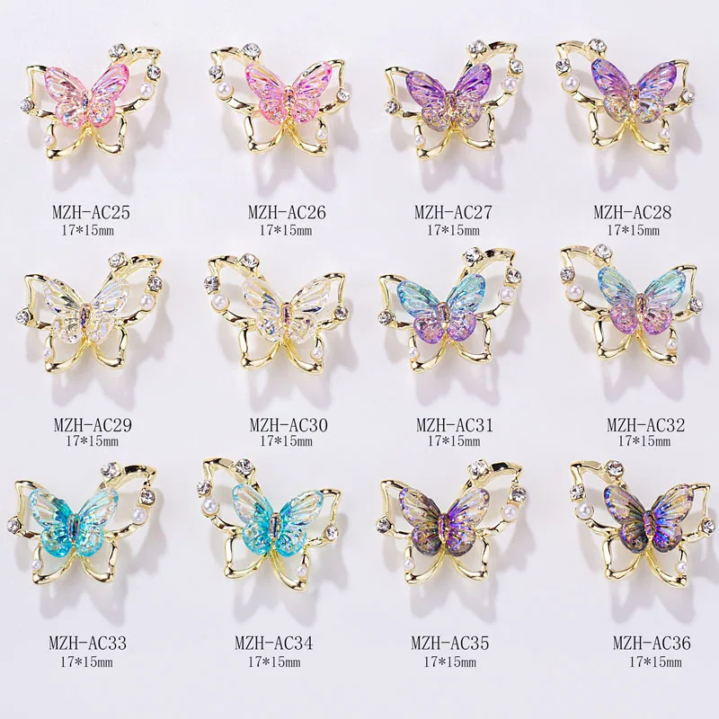 10 pçs borboleta encantos do prego ouro prata acessórios do prego material de liga resina peças do prego para manicure imprensa em unhas com gel