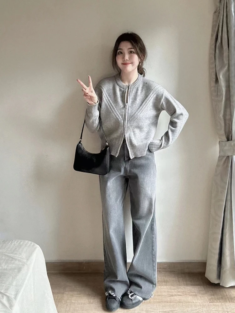 Korean Autumn Women Cardigans Single Breasted O-Neck Cozy Sweater 2023 Knitted Fashion Grey Pullover Casual Loose Fit Outerwear