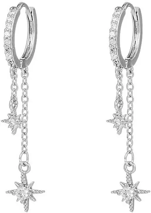 

Cute Silver Plated Star Hoop Earrings with CZ Dangles for Women