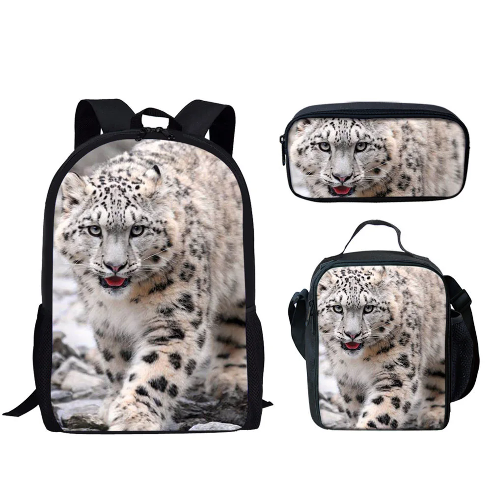 Cute Snow Leopard Print 3Pcs School Bag for Boys Girls Backpack Kids Book Bag Lunch Bag Pencil Bag Student Daily Casual Backpack