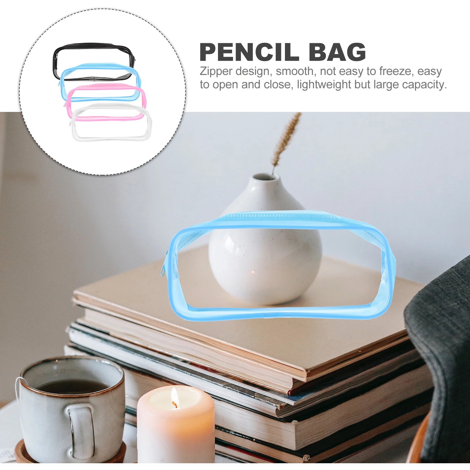 

4pcs Multicolor Pencil Bag Large Capacity Clear Zipper School Office Supplies Organizer Black White Blue Pink