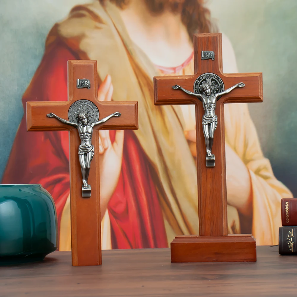 Cruz de madera cristiana ortodoxa hecha a mano con aleación de zinc Jesús Corpus, St. Medalla Benedict, Altar casero, Regalos religiosos de oración