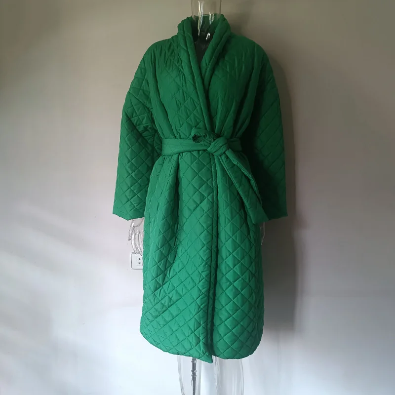 Women Jacket 2023 Autumn Inter Direct Street Green Cotton Dress Simple Lace Up Coat Stand Collar Solid Color Loose Long Coat