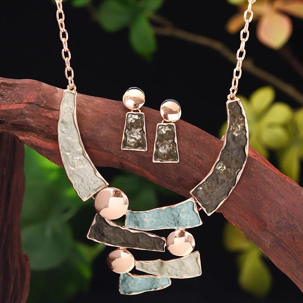 MeiceM Multi Color Jewelry Set Zinc Alloy Geometric Fashion Elegant Women\'s Enamel Necklace Earring Set Mother\'s Day Gift 2024