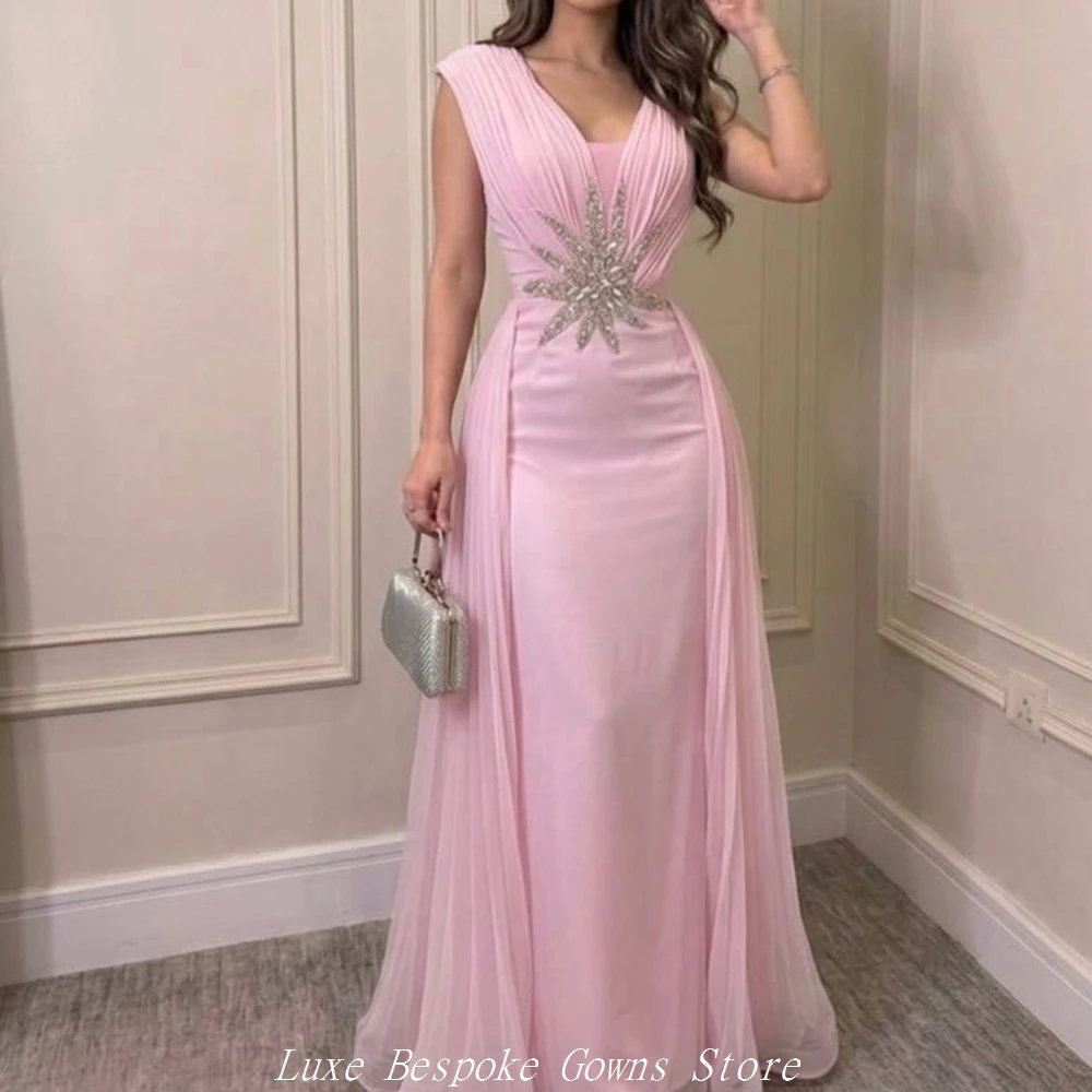 

Women's Formal Evening Gowns A-line Floor-length V-neck Sleeveless Prom Dresses Fashion Crystal Simple Draped Customized Gowns