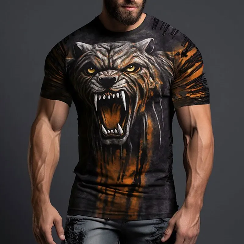 

Fierce Beasts Pattern Men's T-Shirts 3D Print Animal Graphic Round Neck Short Sleeve Tees Loose Comfortable Creative Design Tops