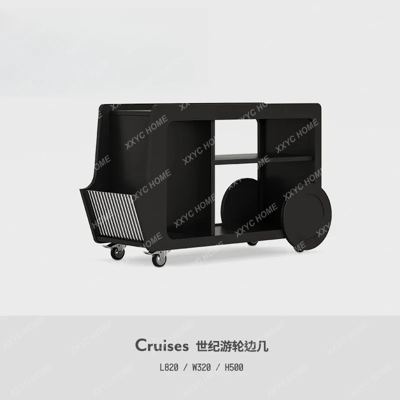 YX Wabi Sand Wind Black Wheeled Living Room Cart Side Table Movable Side Cabinet
