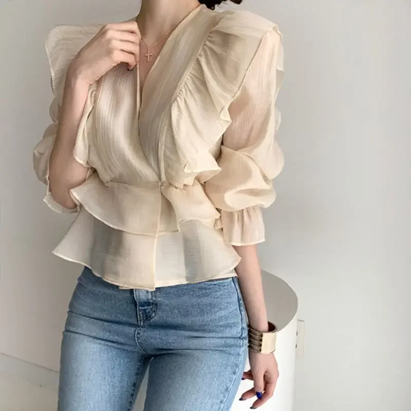 Women Vintage Ruffles Design Elegant Blouse Fashion V Neck Chic Chiffon Shirts Solid Long Sleeve Gothic Tops Slim Blusas L285