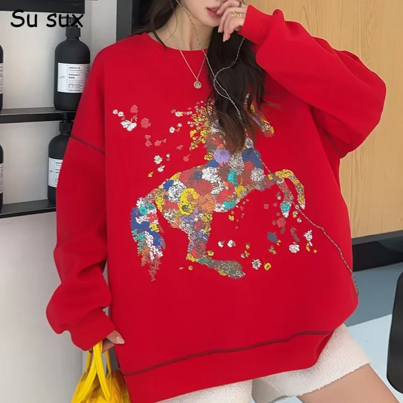 

Весенний пуловер большого размера с рисунком лошади, толстовки, женские топы, японская корейская мода, свободная верхняя одежда с круглым вырезом и длинными рукавами