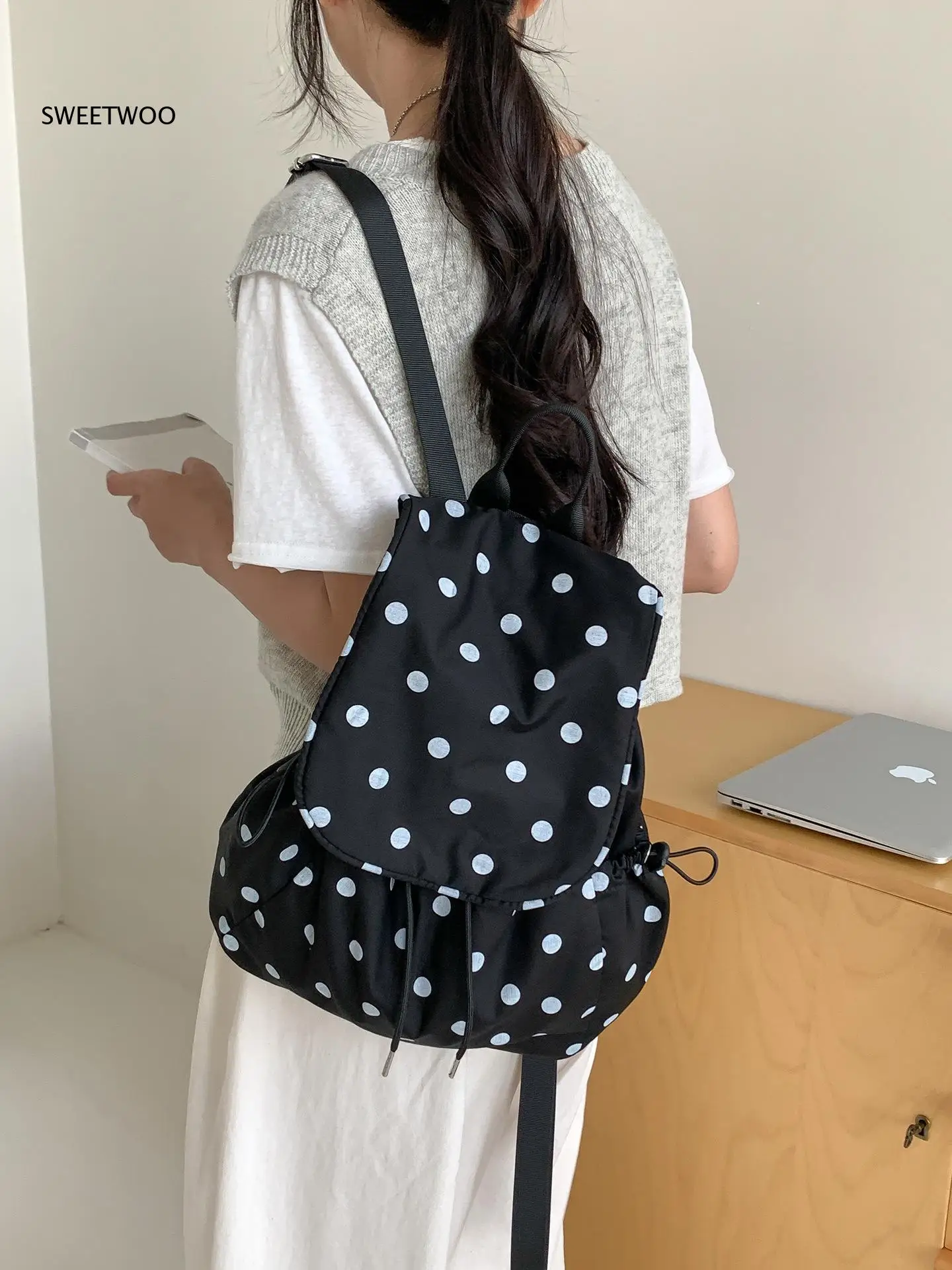 Polka Dot Drawstring Nylon Backpack Flap Cover Side Cinched Pocket Adjustable Shoulder Straps Lightweight Student Daily Rucksack