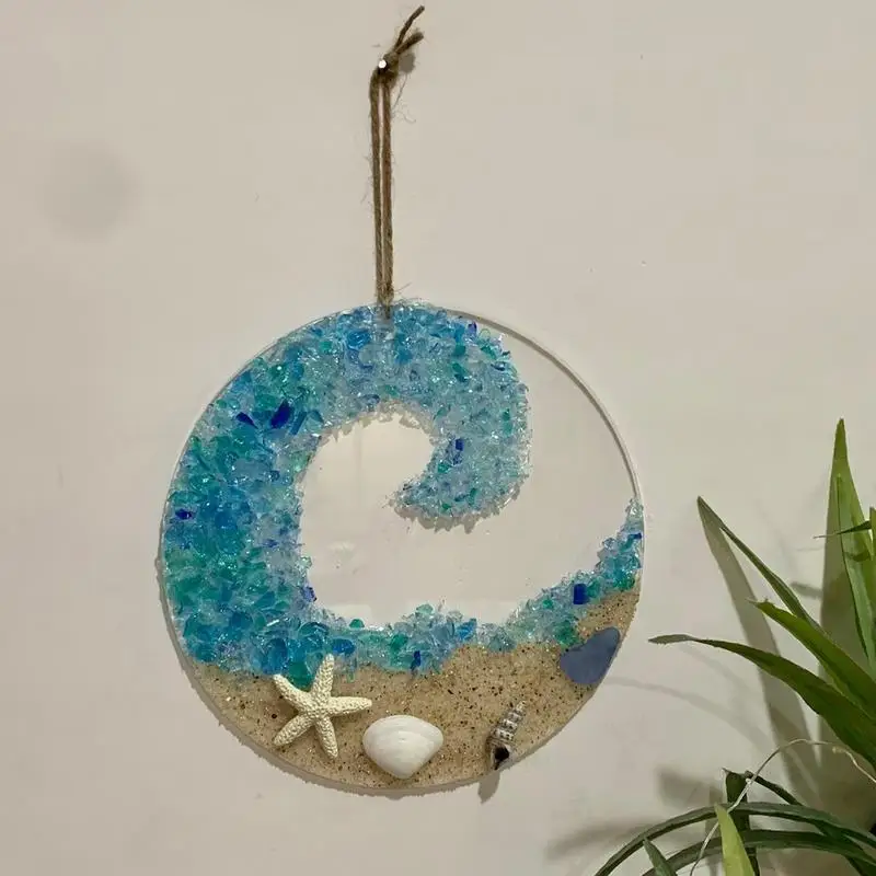 Acrylic Sun Catcher Pendant Ocean Theme Glass Wave Beach Shells Decorative Crafts Sea Glass For Home Window Hanging Ornament