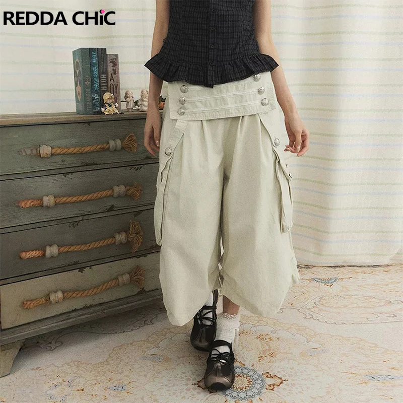 ReddaChic Women's Button Decor Work Pants Vintage Quick Dry Fold Over Elastic Waist Baggy Causal Pants Y2K Alternative Clothes