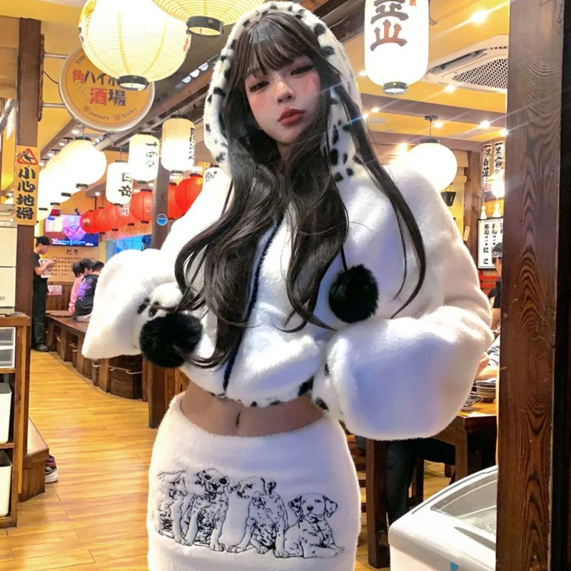 Cartoon Printed Japanese White Skirt Sets Zipper Hooded Short Coat Mini Skirt Sexy 2 Piece Sets Korean Style Fleece Suits Women