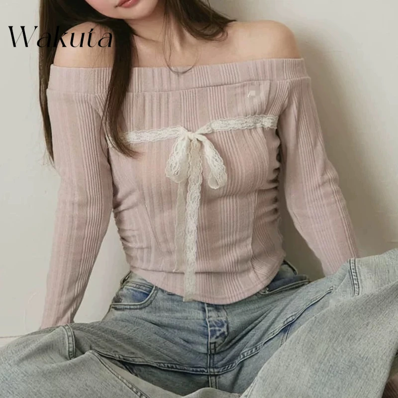 WAKUTA Japanese Harajuku Retro One Shoulder Long Sleeved Shirt Sweet Lace Bow Waist Solid Knit Sweater Y2K Corset Tops ブラウス シフォン