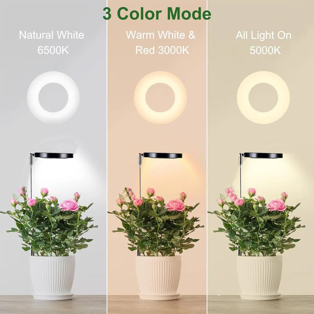 مصباح نباتي LED دائري، يتم إدخال أنبوب USB تلسكوبي في التربة، والمفتاح التعتيم 3 ألوان.