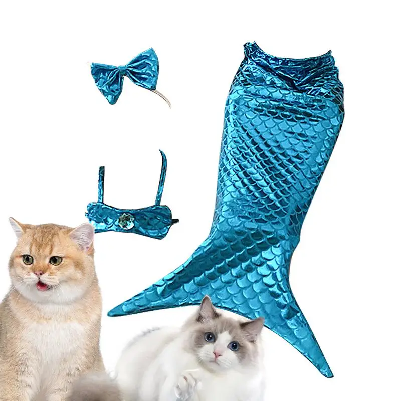 Cute Mermaid Pet Skirt Creative Halloween Pet Dressing Cat Dress Costume Dog Cosplay Costume with Bow Headband and Halter Neck