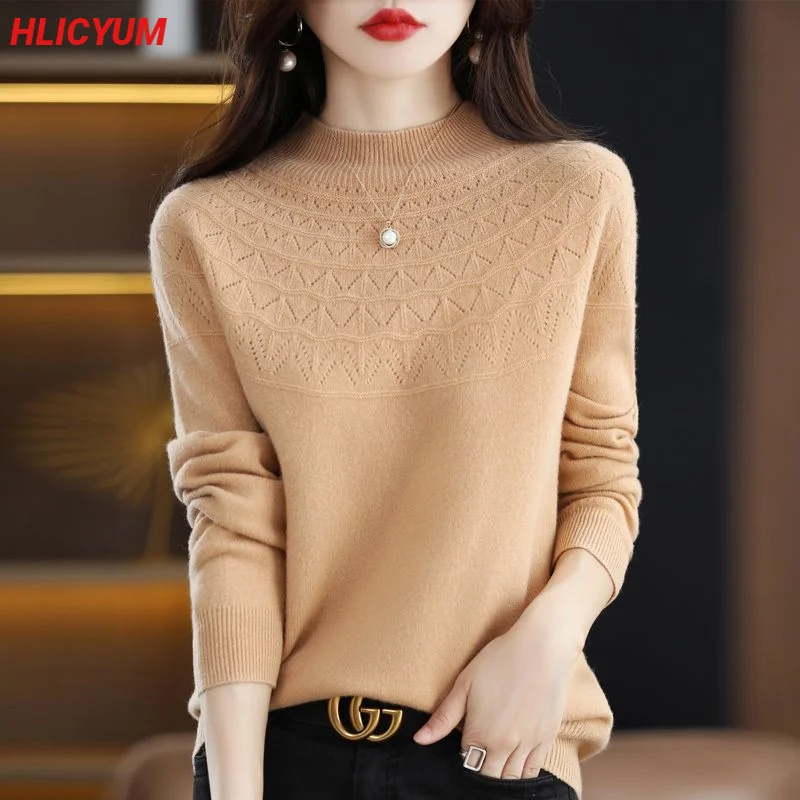 

Sweater Women Elegant Fall/Winter 100% Wool Pullover Casual Knitwear Overside Ladies Tops Loose Cashmere Half Turtleneck Blouse