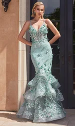 Lace Sequins Mermaid Evening Dresses Spaghetti Straps V-neck Sleeveless 3D Flowers Tiered Cocktail Dress Luxury Party Gowns 2024