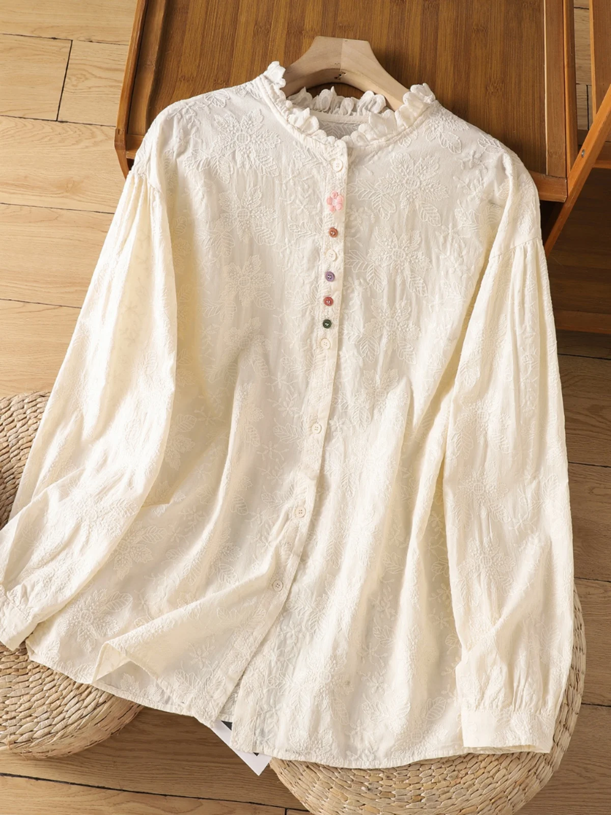 

Retro Collar Long Sve Embroidered Heavy Work Spring 2025 irt Women's Loose Fit Button up Top Faion Commute Sle