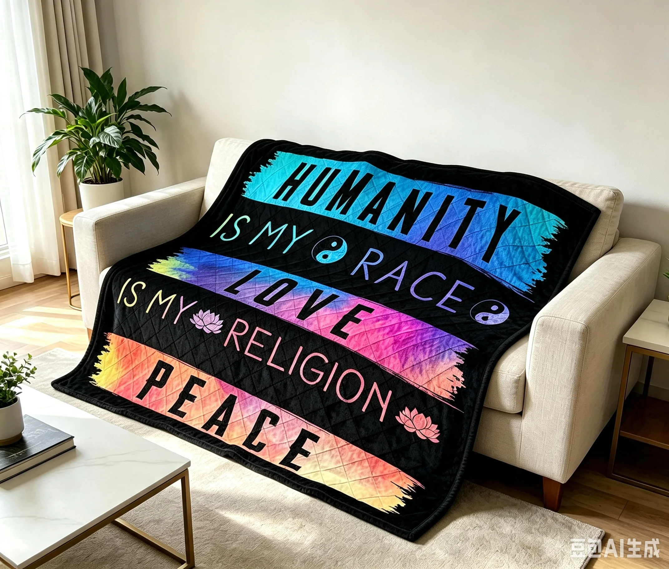 Lotus Flower Pattern Flannel Blanket with Love and Peace Design, Bohemian Gradient Color, Soft and Warm, Suitable for Home Décor
